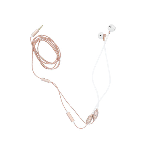 Radicover Wired In-Ear Headphones med mikrofon, hvid med gulddetaljer og anti-mobilstråling Air Tube-teknologi.