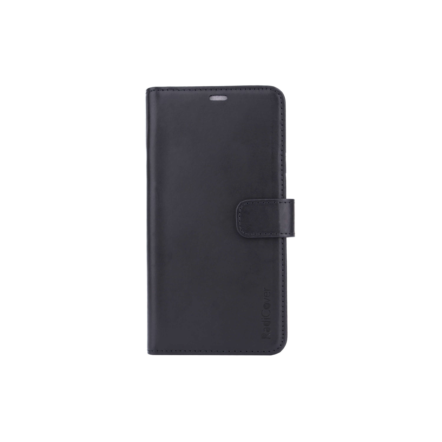 Radicover Exclusive 2-i-1 iPhone Xs Max-etui i sort læder med magnetlås og RFID, vist på hvid.