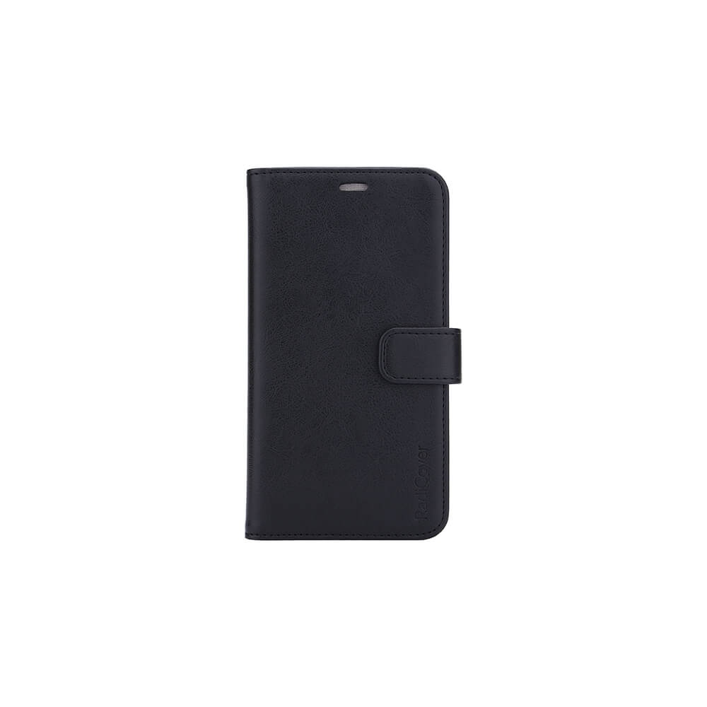 Radicover Fashion Wallet - iPhone 11: Sort vegansk læderetui med RFID-beskyttelse og magnetisk lukning, vist lukket.