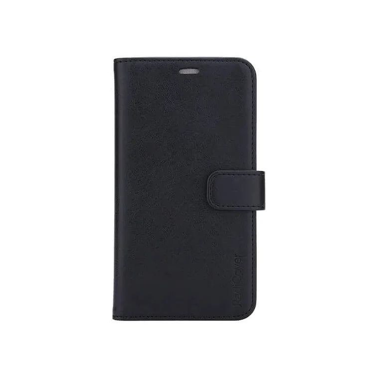 Radicover Fashion Wallet til iPhone 11 Pro Max-sort vegansk læder, RFID-sikkert, med magnetisk lås på hvid baggrund.