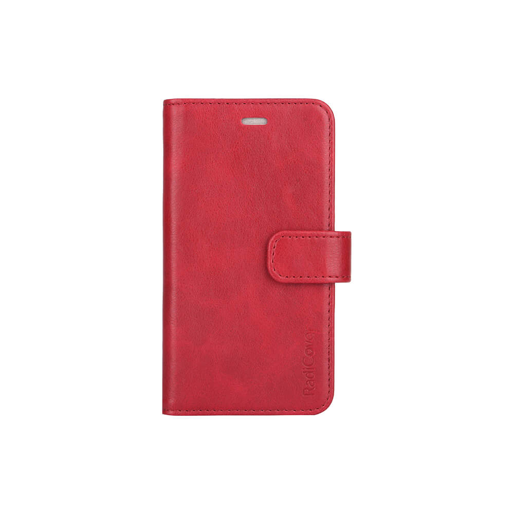Radicover Fashion Wallet til iPhone 6/7/8/SE i rødt vegansk læder med frontklap, magnetlås og RFID-beskyttelse.