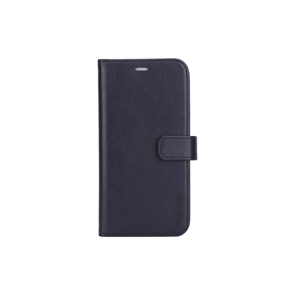 Radicover Fashion Wallet til iPhone 12 Pro Max: sort vegansk læder med RFID-beskyttelse og magnetlås.