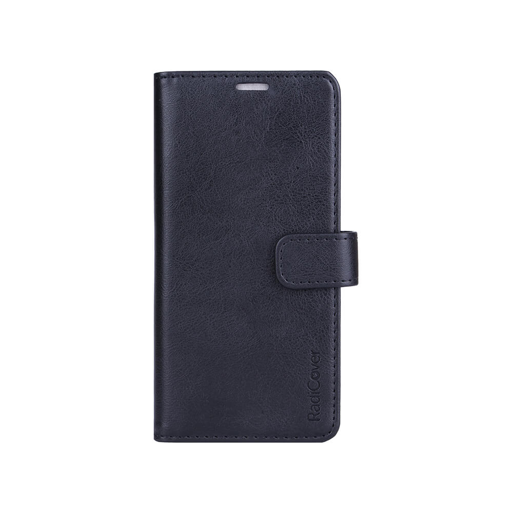 Radicover Fashion Wallet til Samsung Galaxy S21/S30 i sort vegansk læder, lukket med et magnetisk spænde på hvid baggrund.