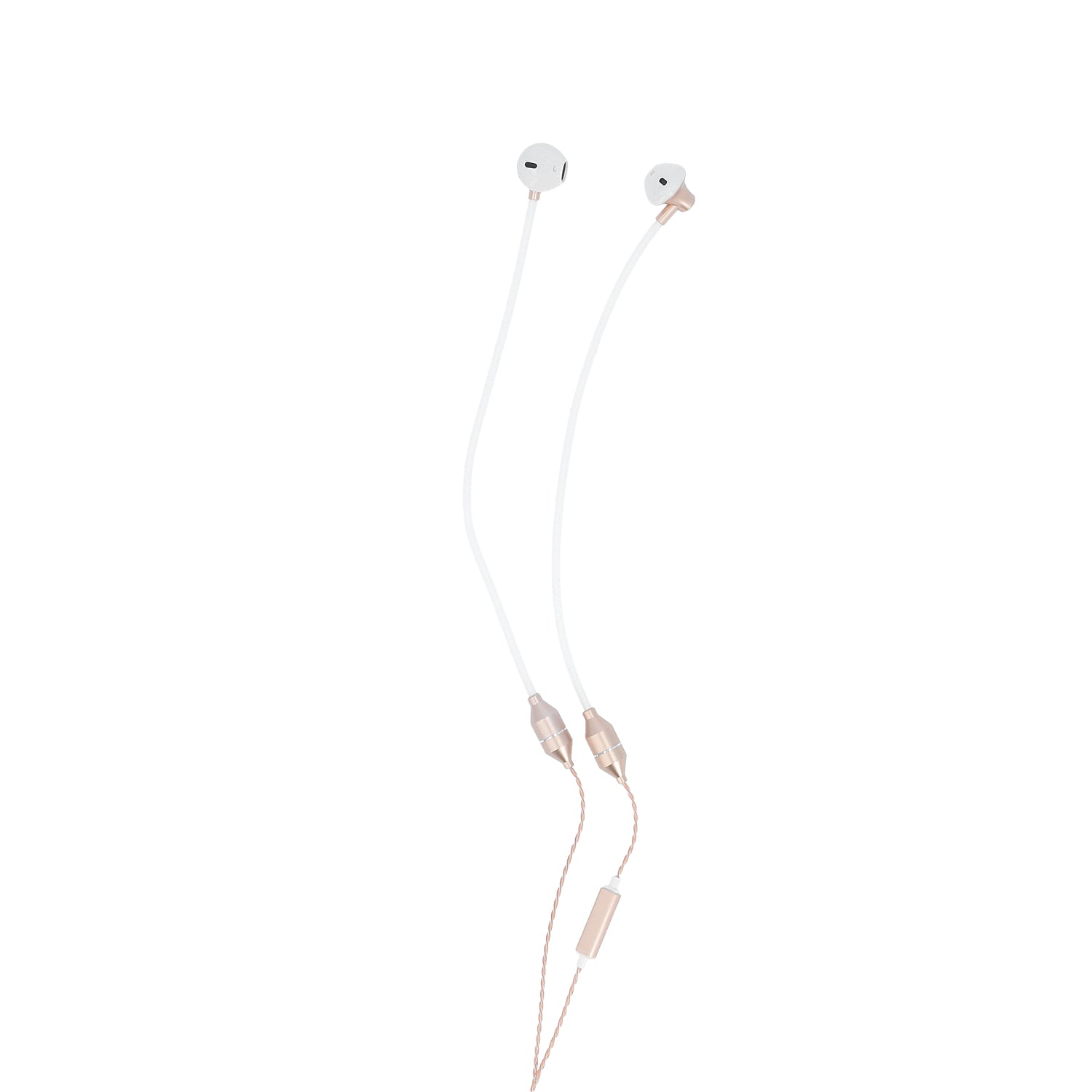 Radicover Wired In-Ear Headphones med mikrofon, hvid med gulddetaljer og anti-mobilstråling Air Tube-teknologi.