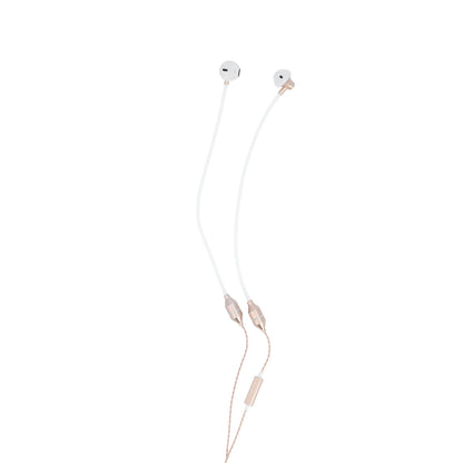 Radicover Wired In-Ear Headphones med mikrofon, hvid med gulddetaljer og anti-mobilstråling Air Tube-teknologi.