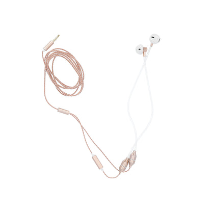 Radicover Wired In-Ear Headphones med mikrofon, hvid med gulddetaljer og anti-mobilstråling Air Tube-teknologi.