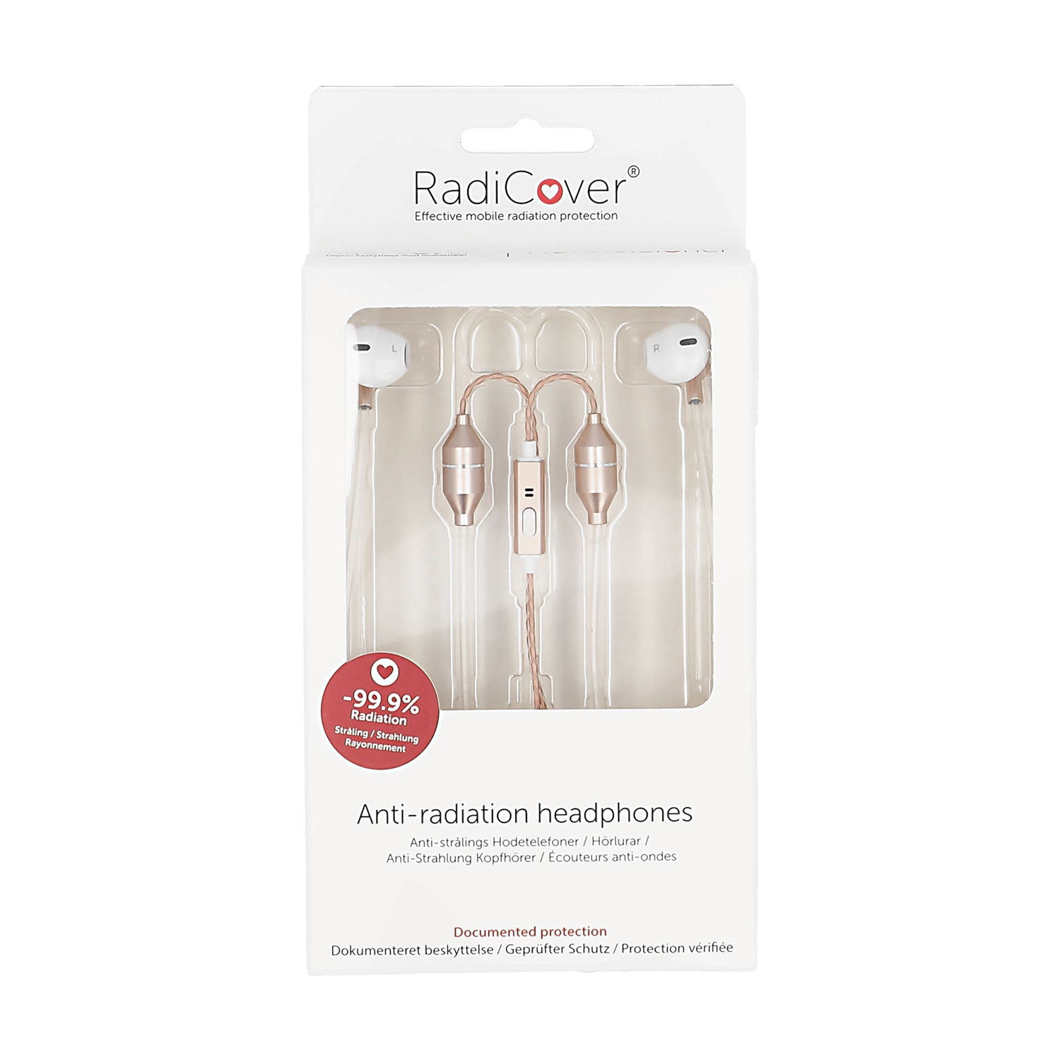 Radicover Wired In-Ear Headphones med mikrofon, hvid med gulddetaljer og anti-mobilstråling Air Tube-teknologi.