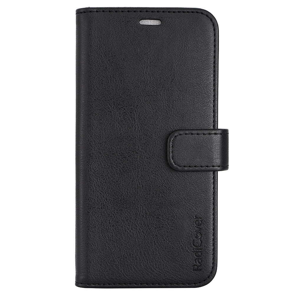 Radicover Fashion Wallet til iPhone 13/14: sort vegansk læderetui med magnetisk lås og anti-strålingsteknologi.