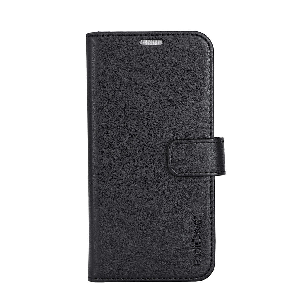Radicover Fashion Wallet - iPhone 15: sort vegansk læderetui med RFID, vist lukket og oprejst på hvid baggrund.