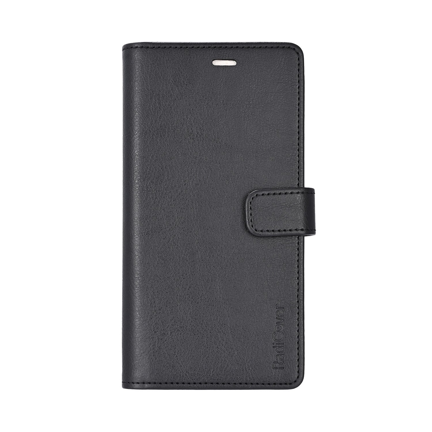 Radicover Fashion Wallet til Samsung Galaxy A26 5G: sort vegansk læderetui med RFID, snaplukning, frontklap; lukket visning.