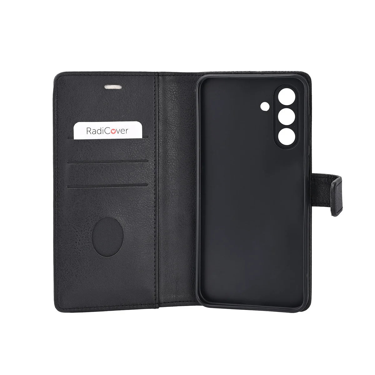 Radicover Fashion Wallet til Samsung Galaxy A57 5G: sort vegansk læder, RFID-beskyttet, kameraudskæringer, set fra bagsiden.