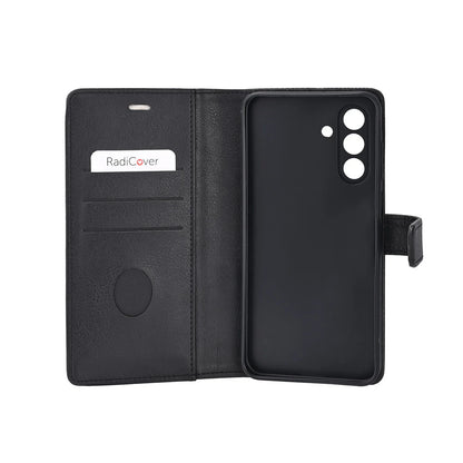 Radicover Fashion Wallet til Samsung Galaxy A57 5G: sort vegansk læder, RFID-beskyttet, kameraudskæringer, set fra bagsiden.