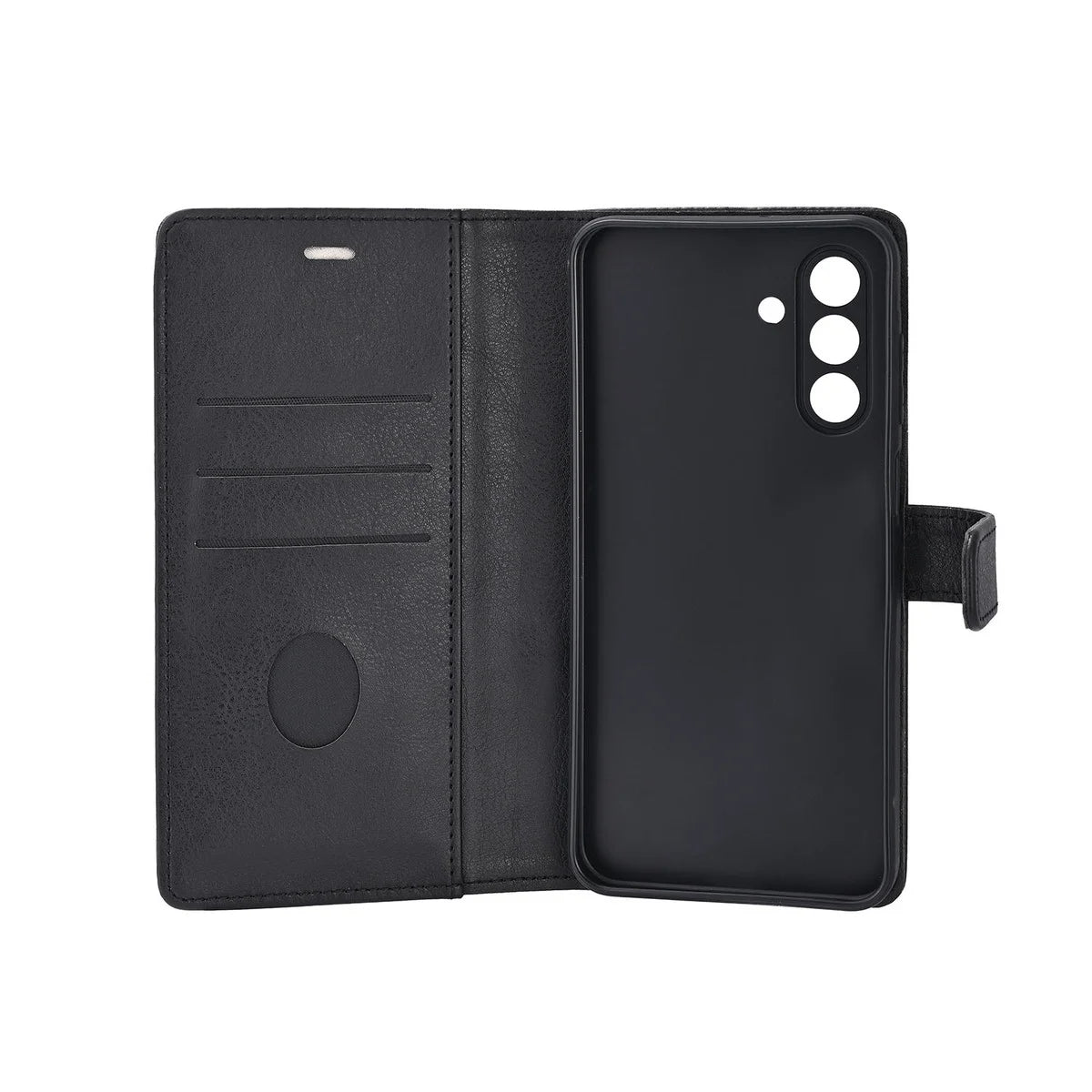 Radicover Fashion Wallet til Samsung Galaxy A57 5G: sort vegansk læder, RFID-beskyttet, kameraudskæringer, set fra bagsiden.