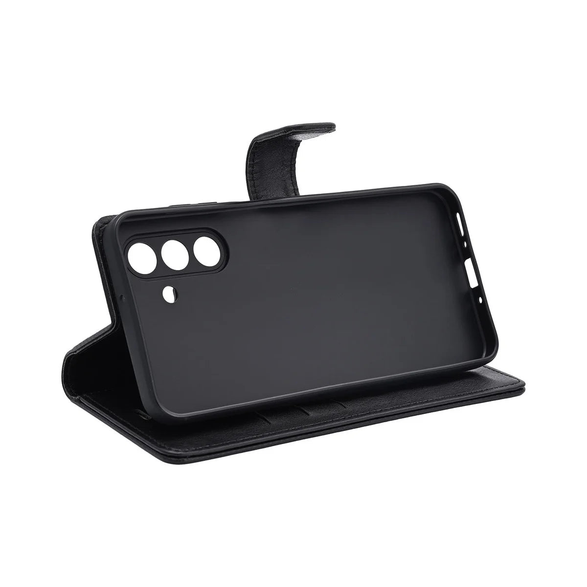 Radicover Fashion Wallet til Samsung Galaxy A57 5G: sort vegansk læder, RFID-beskyttet, kameraudskæringer, set fra bagsiden.